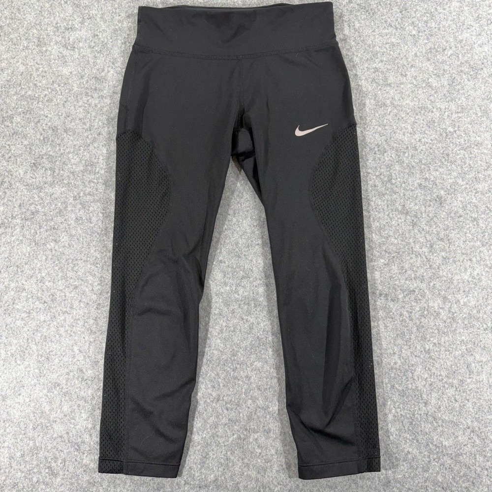 Nike Dri-FIT Womens Running Leggings‎ Black Mesh Panel Cropped Tights
